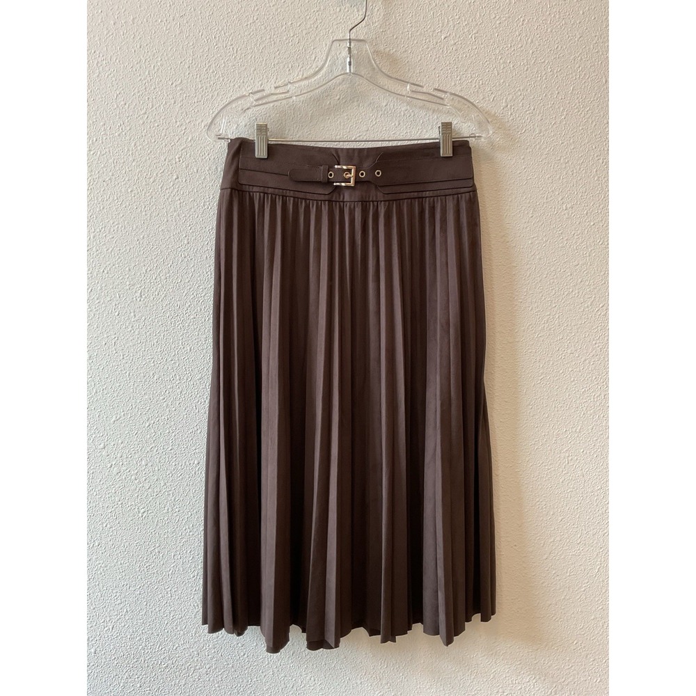 Soft Surroundings Lavina Faux Suede Pleated Stretch Skirt Belted Dark Brown S - Picture 5 of 16